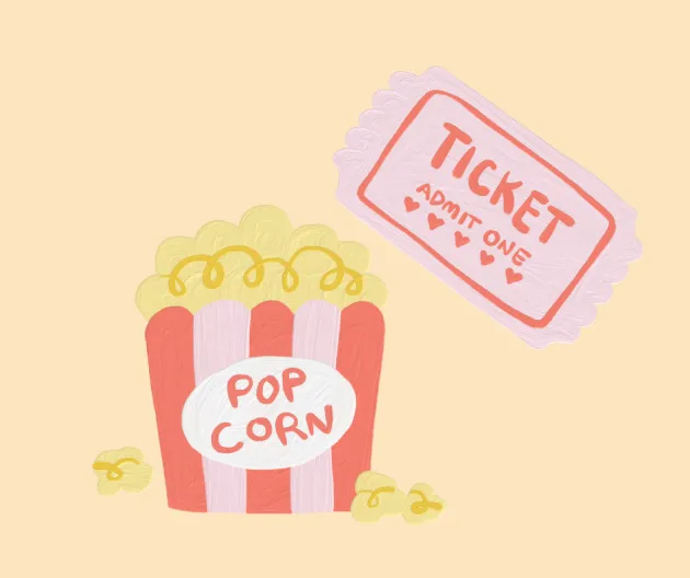 Illustration of popcorn and movie ticket