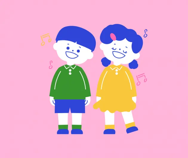 Illustration of two children on a pink background with music notes