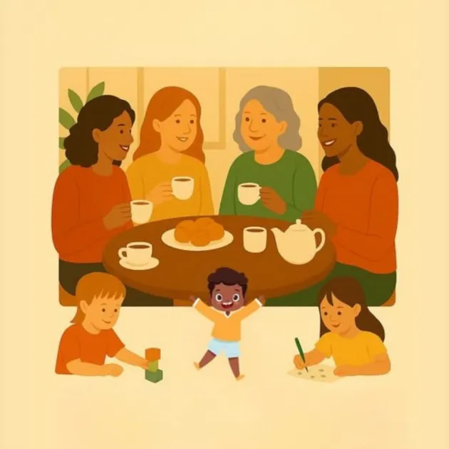 Illustration of four women at coffee morning with their children