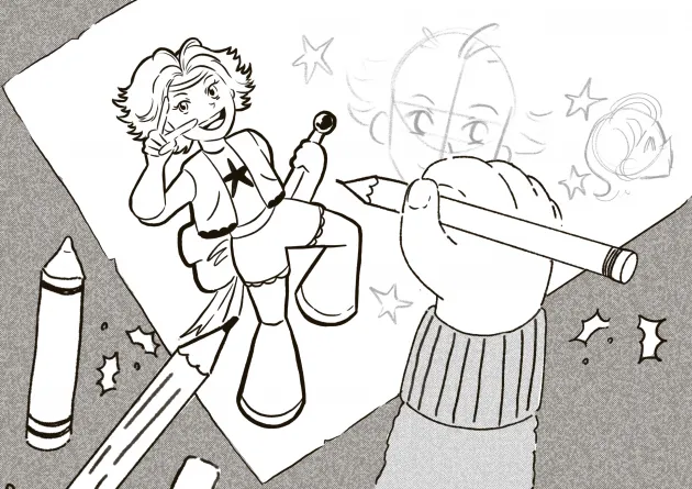 Black and white illustration of an anime character