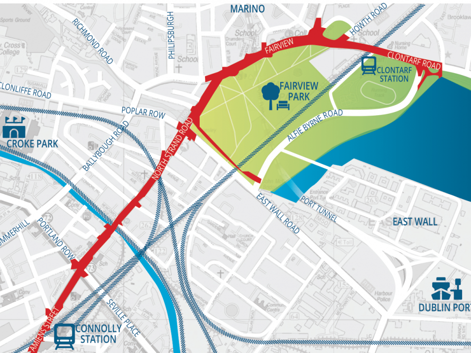 Concept map outlining the extents of the Clontarf to City Centre Active Travel Project