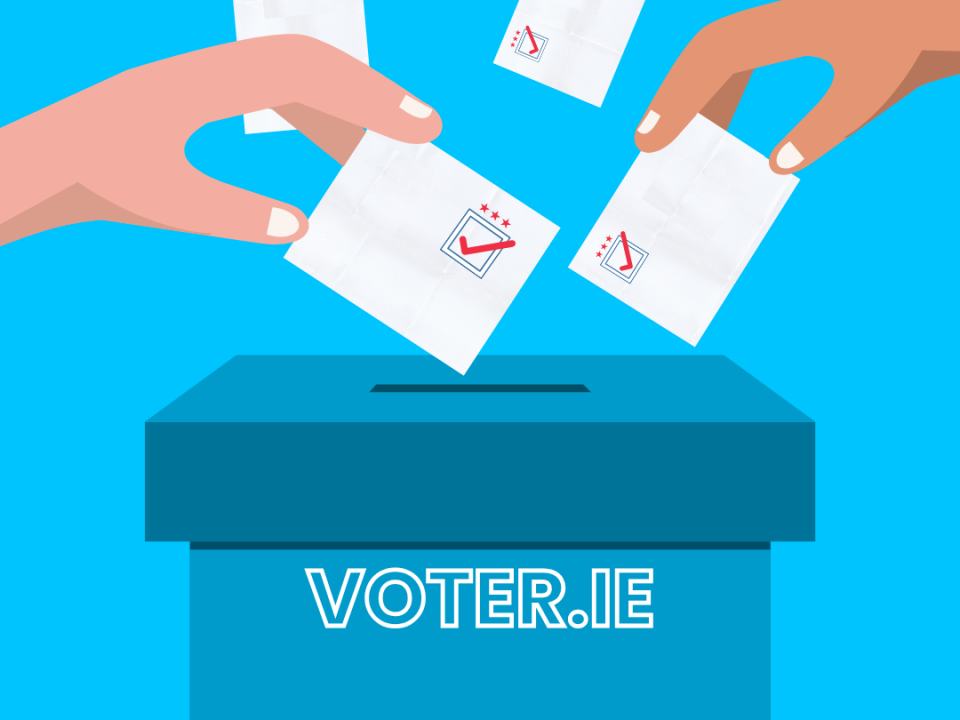 an illustration of hand placing voting ballots into a box with the label voter.ie
