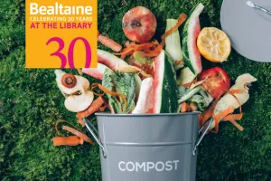 Image of a compost bin overlaid with Bealtaine 2025 logo