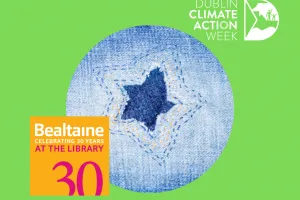 Image of visible mending on denim on green background with Bealtaine and Dublin Climate Action Week logos