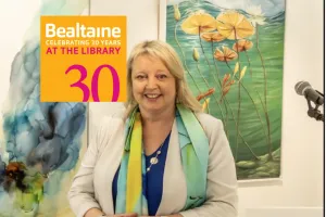 Image of artist Elaine Watters overlaid with Bealtaine 2025 logo