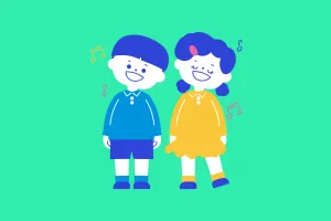 Illustrated image of two children singing on green background