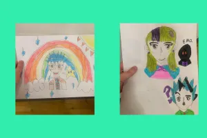 Image of anime character drawings on green background