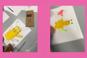 Images of Pokemon drawings on a pink background