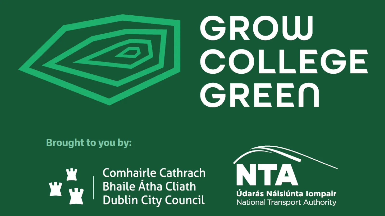 Collection of logos one of the Dublin City Council and the NTA and one representing Grow College Green, this is made up of the name and 4 irregular circles 