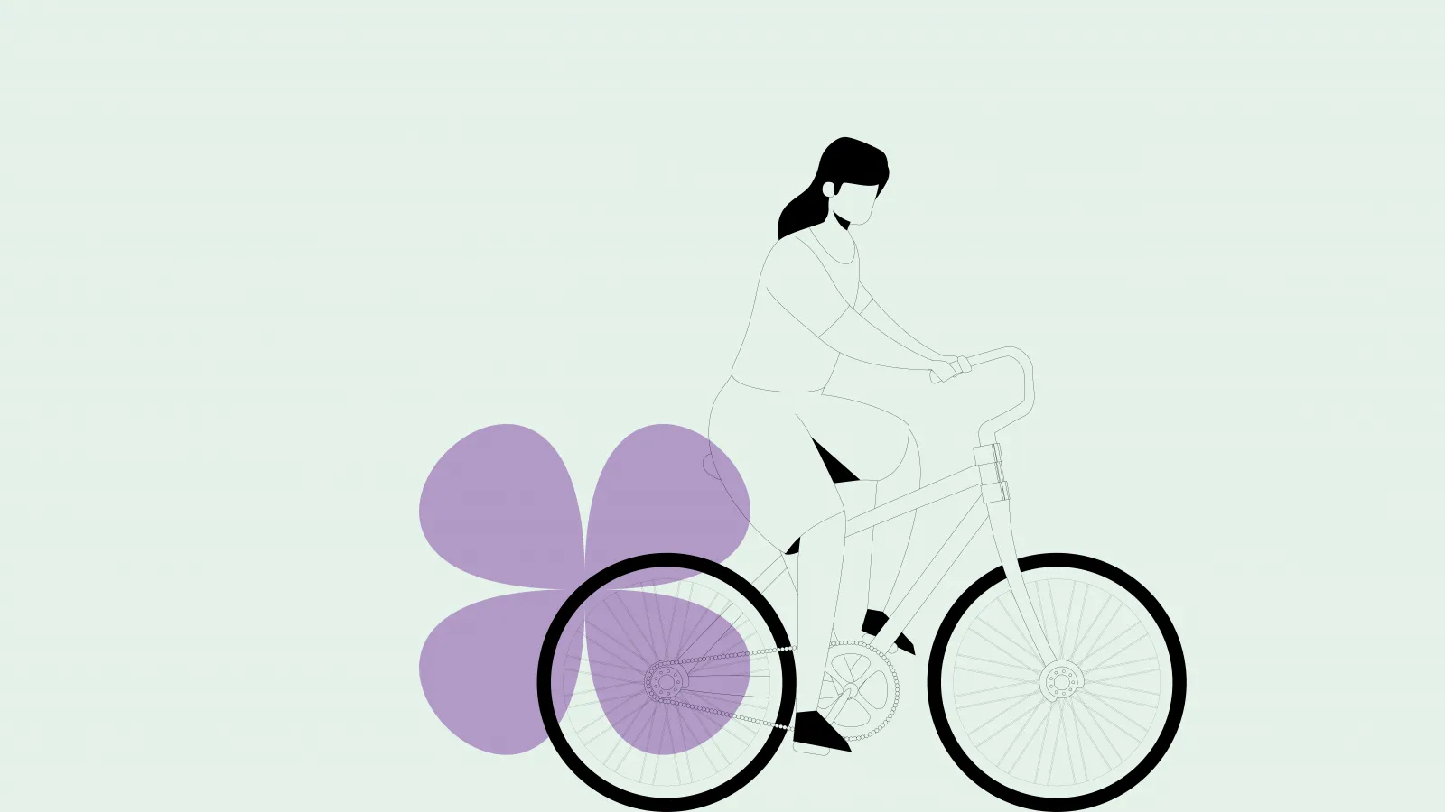 Stylised illustration of a person riding a bicycle, with abstract purple shapes behind the rear wheel on a light green background.