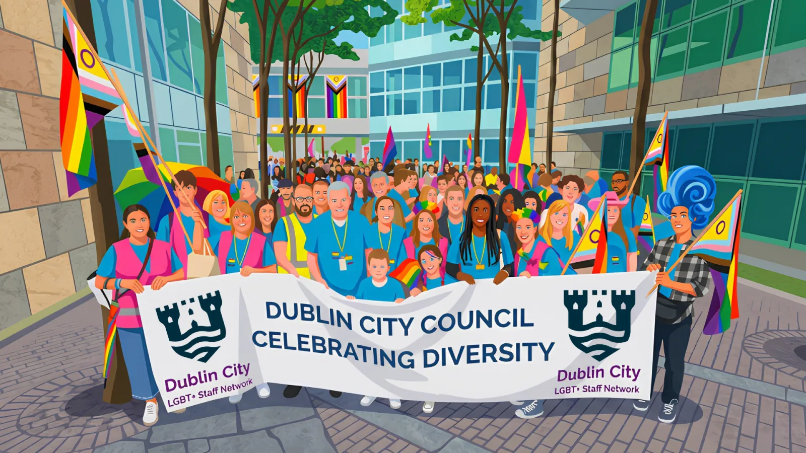 Illustrated scene of a large group of people marching outdoors through a modern city courtyard, carrying rainbow and Pride flags.