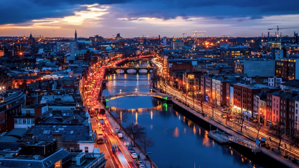 Arial shot of bridges on Liffey River