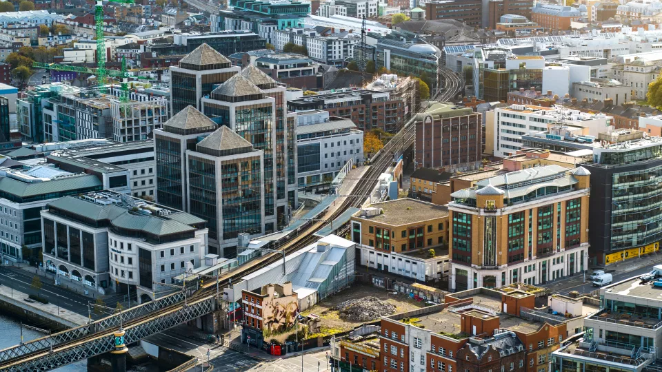 Arial shot of dart station in Dublin city