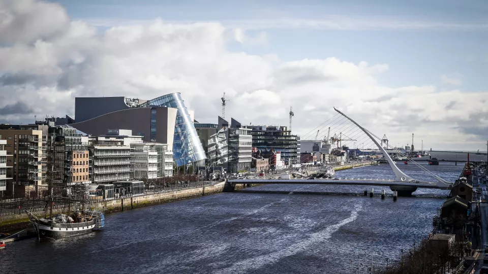 Arial shot of the Samuel Beckett Bridge