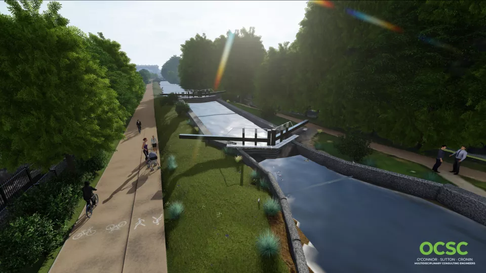 An artist's impression of a lock along phase 3 of the Royal Canal Greenway scheme.
