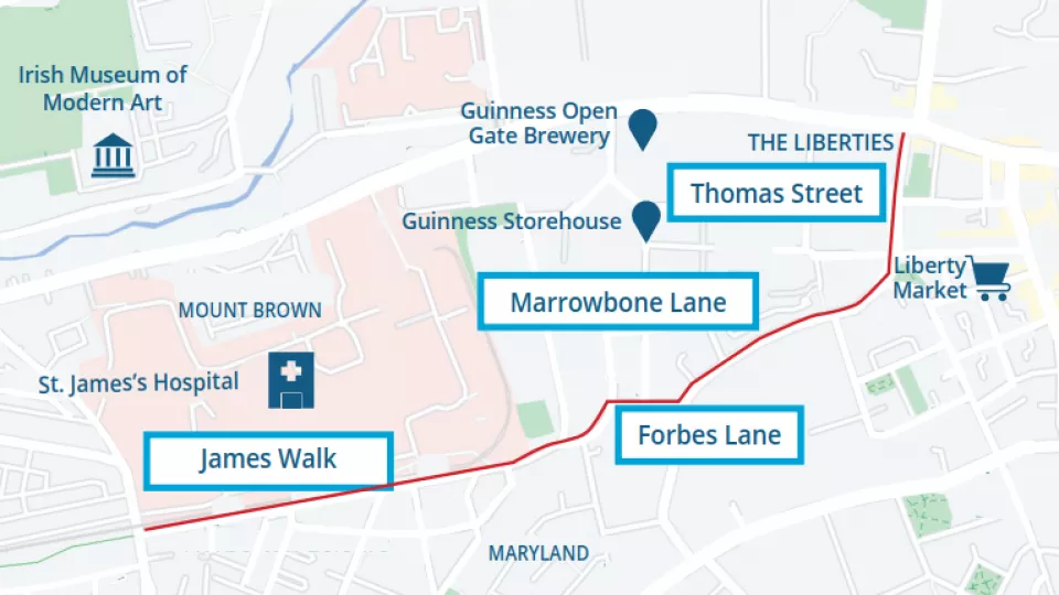 Road map with red line demarcating the extents of the Suir Road to Thomas Street interim scheme