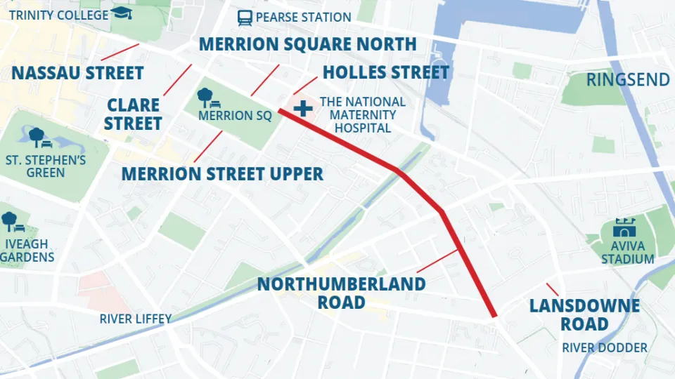 Map depicting the route plan of the Holles Street to Lansdowne Road Phase of the Trinity to Ballsbridge Active Travel Scheme