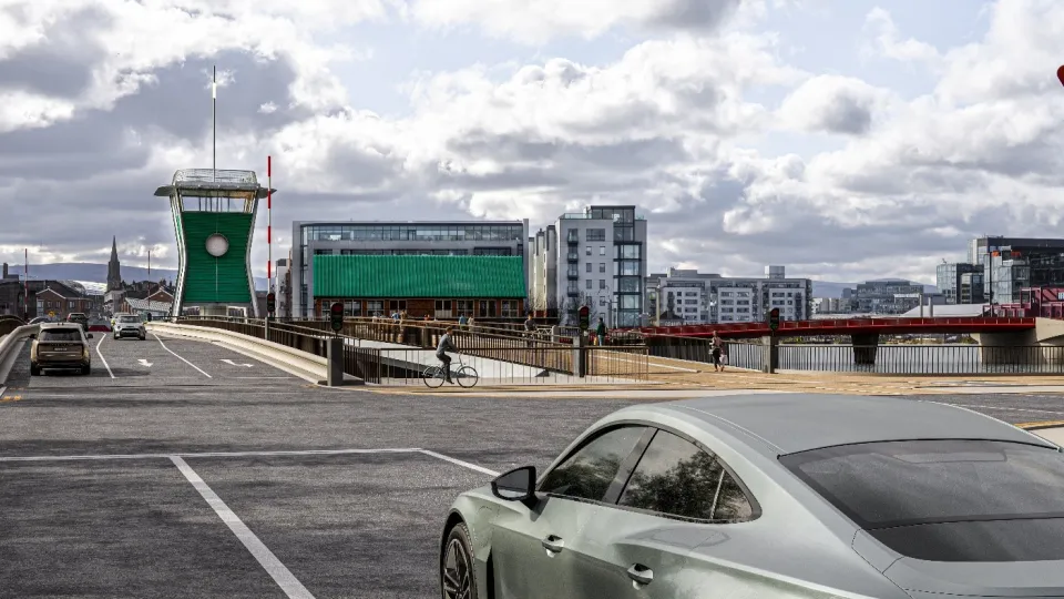 View of Tom Clarke Bridge Widening and Point Pedestrian and Cycling Bridge with proposed control tower from North Wall Quay.