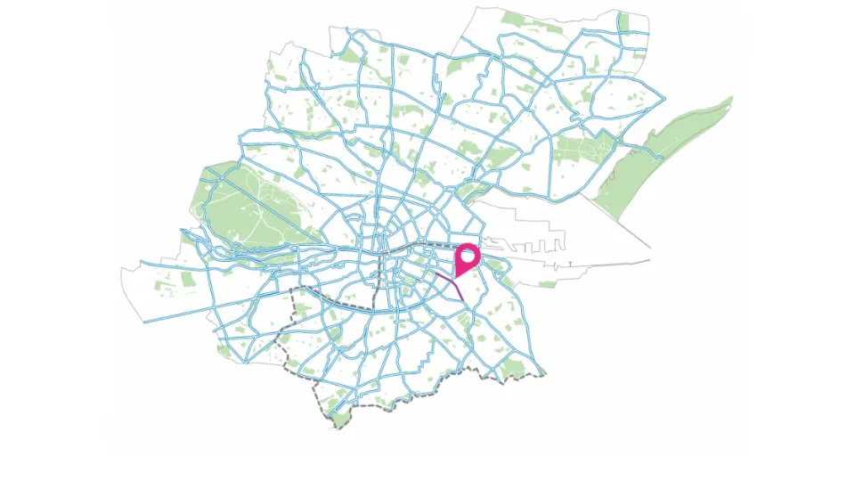 A map showing where the proposed Trinity to Ballsbridge Walking and Cycling Scheme fits into the citywide Active Travel Network.