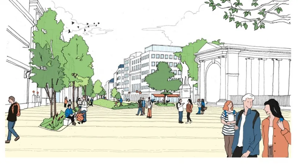 An illustration of a urban space with people walk on pedestrian paths with trees and shrubs with building surrounding.