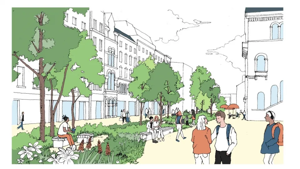 An illustration of a urban space with people walk on pedestrian paths with trees and shrubs with building surrounding.