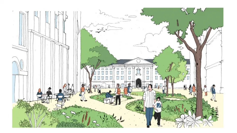 An illustration of a urban space with people walk on pedestrian paths with trees and shrubs with building surrounding.