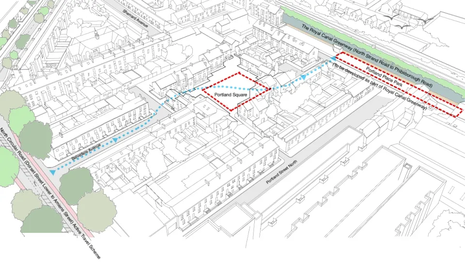 An illustrated aerial map highlighting Portland Square and the surrounding walking route linking Belvedere Avenue to the Royal Canal Greenway.